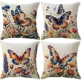 ULOVE LOVE YOURSELF Butterfly Pattern Throw Pillow Covers Vintage Style Farmhouse Decorative Cushion Cover Watercolor Bloom Flowers Pillowcase 18”×18”,4Pack for Sofa Couch Porch Patio(Orange/Blue)