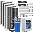 Solar Well Pump Kit with Timing Function, Submersible Solar Water Pump+Four Solar Panels(Matching Fixed Bracket)+Waterproof Box(Contains Controller, Battery, Timer) for Well, Irrigation