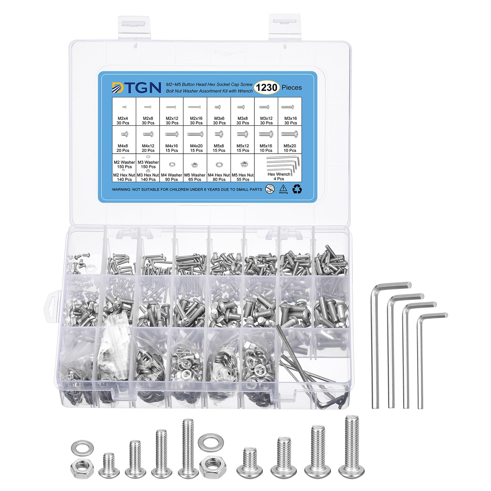DTGN 1230Pcs M2 M3 M4 M5 Button Head Socket Cap Screws - 304 Stainless Steel Full Thread Bolt Nut Set Washer Assortment Kit & Wrench - Good for Machine, Furniture