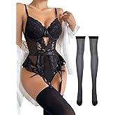 Lilosy Sexy Stocking Lace Mesh Bodysuit Top Underwire Garter Lingerie Set 3 Piece