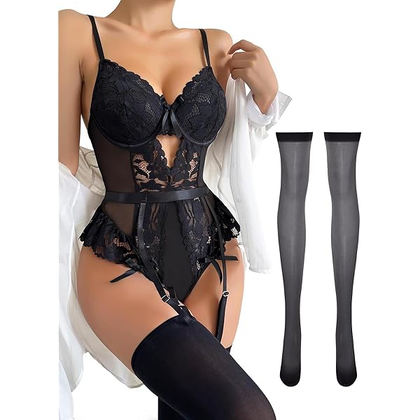 garter belt and stocking set amazon Amazon.com: sofsy Retro Black Garter Belt Women Sexy | Lace Mesh High Waist  Lingerie with 4-Strap Metal Clips for Thigh High Stockings Set main image 0
