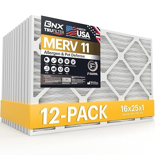 BNX TruFilter 16x25x1 Air Filter MERV 11 (12-Pack) - MADE IN USA - Allergen Defense Electrostatic Pleated Air HVAC AC Furnace Filters for Allergies, Dust, Pet, Smoke, Allergy MPR 1200 FPR 7