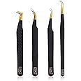 HADIZ Set of 4 Fiber Tip Diamond Grip Eyelash Extensions Tweezers Japanese Stainless Steel Lash Tweezer(Black)