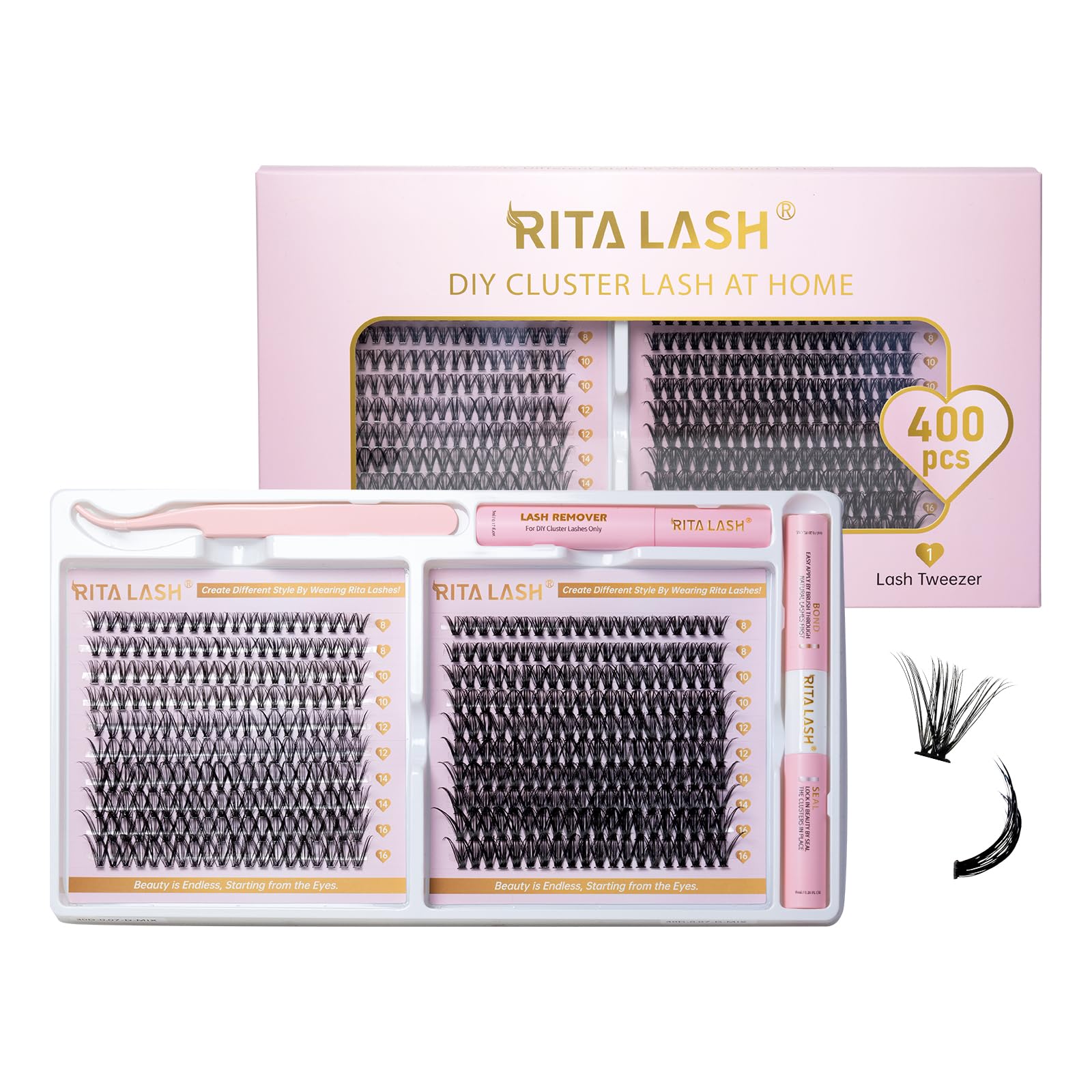 RITALASH Lash Extension Kit 400Pcs,DIY Individual Lashes Clusters Kit,Lash Bond And Seal,Lash Remover For Eyelashes Extensions (30D+40D Cluster Kit) — image 1