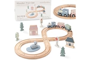 Comfy Cubs 30-Piece Wooden Train Set for Toddlers Ages 1+, Fun & Eco Friendly Toddler Train Set with Complete Toy Town - Crea