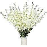 Thiccywoov 12 Pcs Delphinium Artificial Flowers, 33.5'' Long Stem Lifelike Faux Silk Flower Fake Look Real Bouquet for Tall Vase DIY Wedding Party Home Kitchen Arrangement Decor(White)