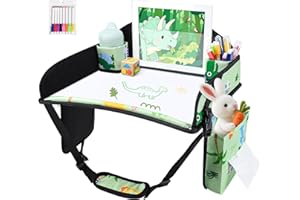 UTOLOVE Kids Travel Tray, Kids Travel Trays for Car Seat, Road Trip Essentials for Toddler, Carseat Lap Tray with Dry Erase Board & Storage Organizer for Road Trip Activities for Kid, Green