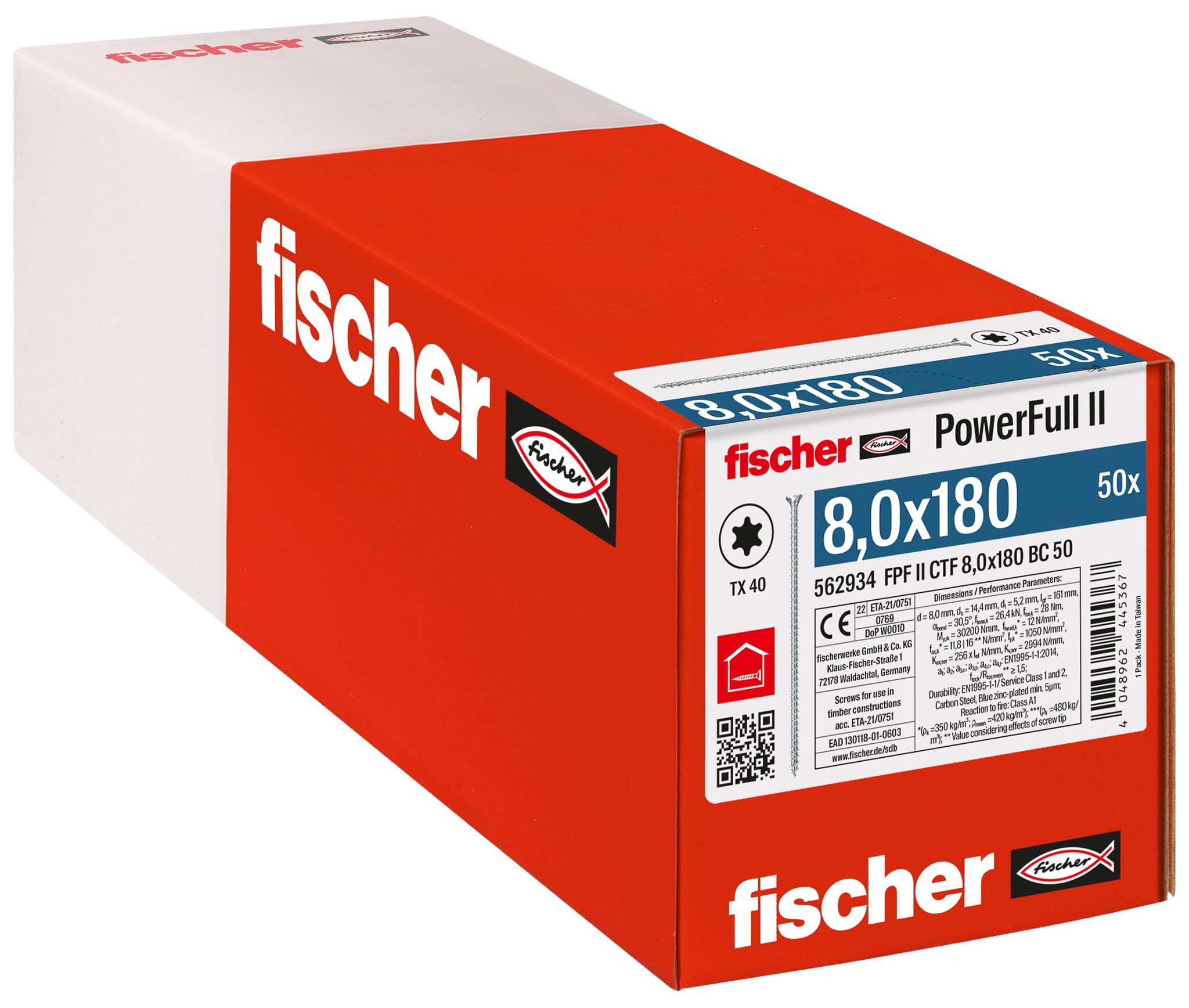 fischer PowerFull II 8.0 x 180 Premium Fully Threaded Screw (Pack of 50) with Innovative Tip Geometry, Steel Screw for Load-bearing Wood Structures with Countersunk Head, Reduces Splitting Risk — image 1
