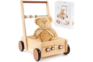 PairPear Wooden Baby Walker Push Toys,Adjustable Speed Nature Wood Push Walkers for Babies Learning to Walk,Toddler Push and Pull Toys Gift for Baby Girls and Boys 1-2
