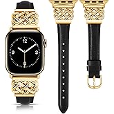 TOYOUTHS Compatible with Apple Watch Bands Women 38/40/41/42mm Dressy Slim Leather Strap with Designer Celtic Knot Interlock Buckle Bracelet for iWatch Series 11 10 9 8 7 6 5 4 SE 3 2 1, Black/Gold