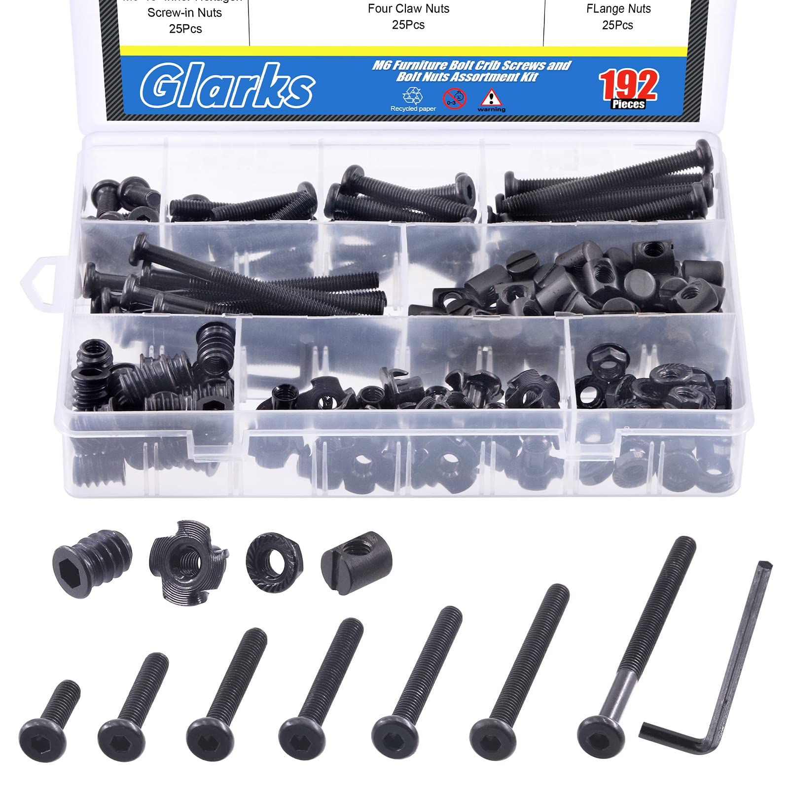 Glarks 192Pcs M6 Black Baby Bed Crib Screws Bolts Assortment Kit - Hex Socket Head Cap Screws With Barrel Nuts, Threaded Insert, Flange Nut, T-Nut and Hex Wrench Set - M6x20/30/40/50/60/70/80mm