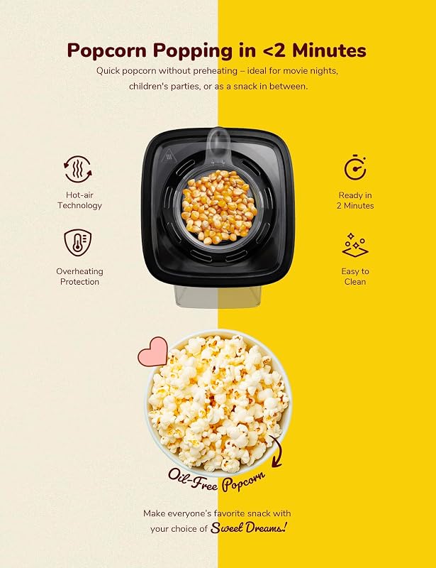 Macchina Popcorn, Turbo-Popcorn in meno di 2 minuti, Popcorn Machine con tecnologia ad aria calda, include 10 sacchetti per popcorn & misurino integrato, Collezione Sweet Dreams, Colore: Rosa
