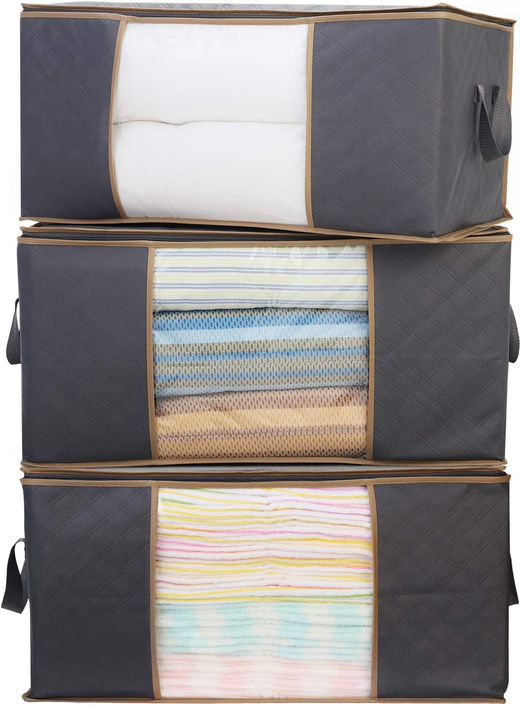 WISELIFE Clothes Storage Bags [3 Pack ], Large Capacity Blanket Storage Containers Organizers for Comforters,Bedding,Clothing,Foldable 3 Layer Fabric,#5 Zipper,Reinforced Handle,Clear Window