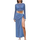 Gihuo Womens Swimsuits Cover Ups Crochet 2 Piece Bikini Coverup Beach Swimwear Hollow Out Bathing Suit Tie Skirt