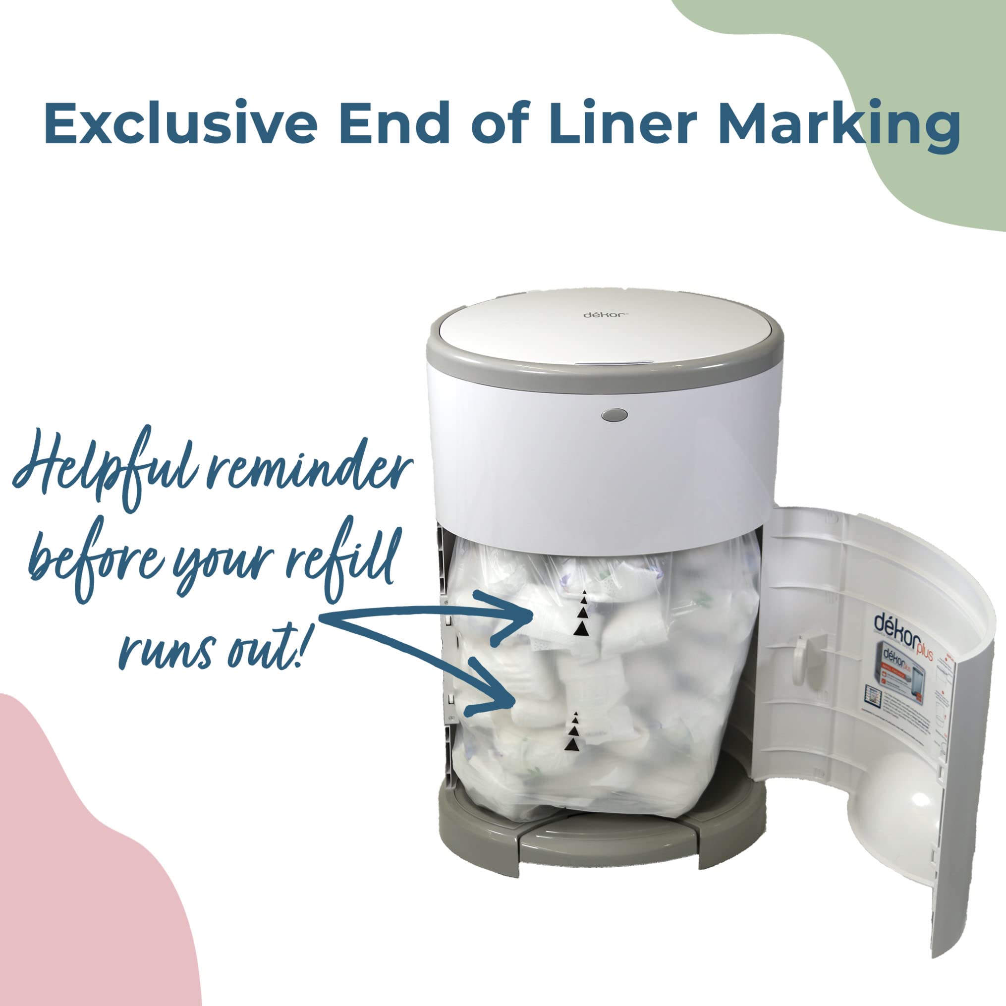 DEKOR Plus Diaper Pail Refills | 4 Count | Most Economical Refill System | Quick & Easy to Replace | No Preset Bag Size – Use Only What You Need | Exclusive End-of-Liner Marking | Baby Powder Scent