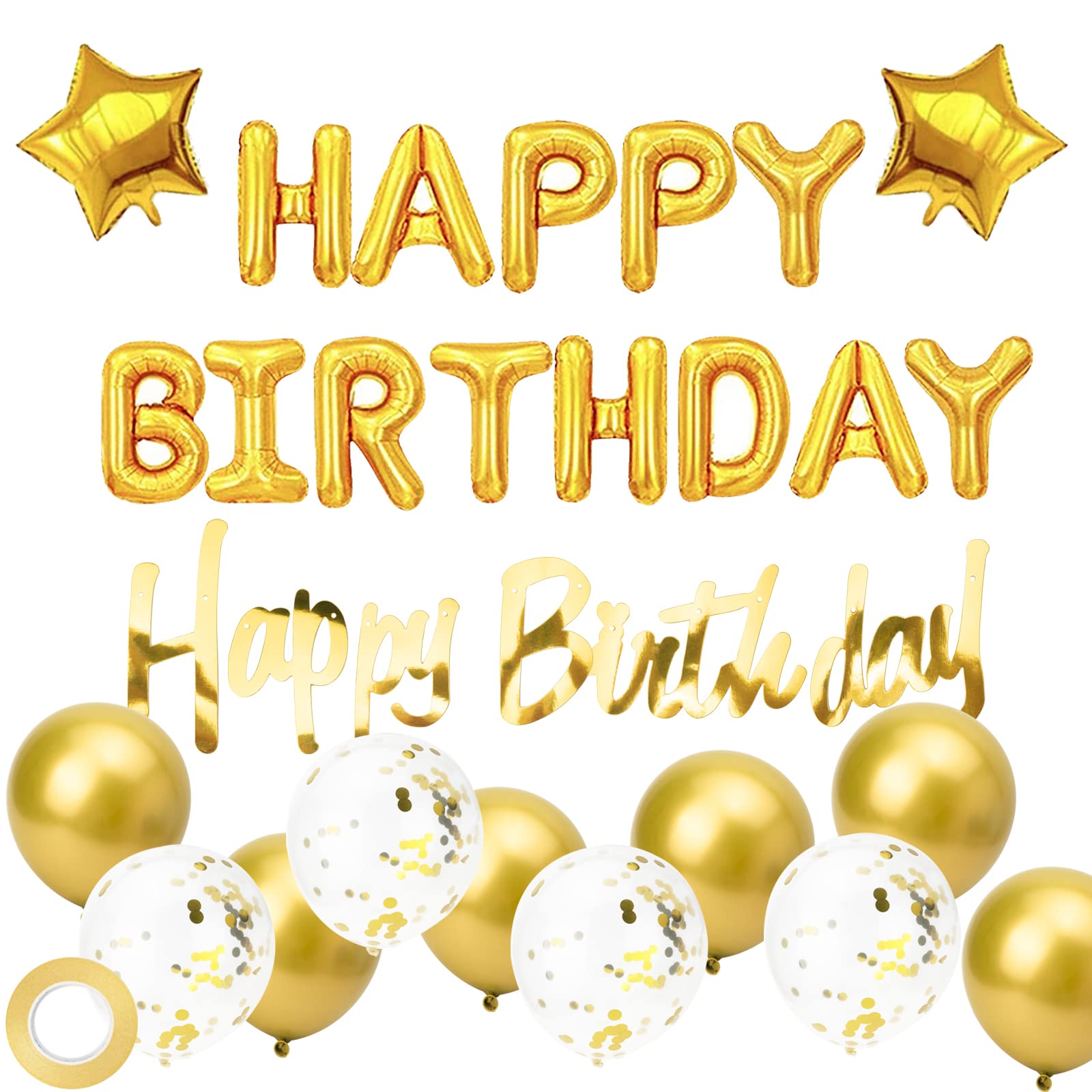 Gold Happy Birthday Balloons Banner Happy Birtyday Decorations for Women and Men Self Inflating Foil Balloons for Party Decorations