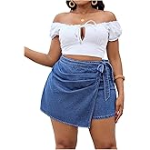 MakeMeChic Women's Plus Size Jean Skorts Denim Shorts Wrap Tie Elastic Waisted Summer Shorts Blue XX-Large Plus