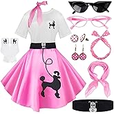 10Pcs Sock Hop Outfits Women, 1950s Poodle Skirts, Poodle T-Shirt with 50s Accessories Socks Scarf Headband Belt Earring