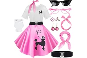 VILLBECOSER 10Pcs Sock Hop Outfits Women, 1950s Poodle Skirts, Poodle T-Shirt with 50s Accessories Socks Scarf Headband Belt Earring