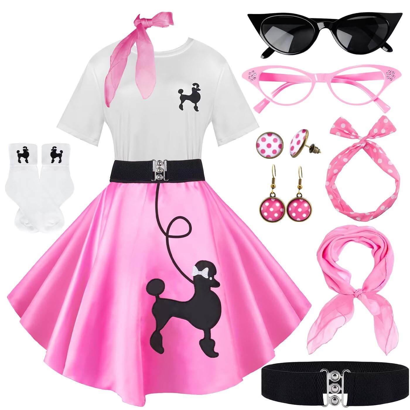 Photo 1 of 10Pcs Sock Hop Outfits Costume Women, 1950s Poodle Skirts, Poodle T-Shirt with 50s Accessories Set Scarf Headband Belt Socks Eyeglasses Earrings (Pink-S)