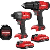 CRAFTSMAN V20 MAX Cordless Drill and Impact Driver, 2 Batteries, Charger | 1/2 In Drill Driver 1500 RPM, 1/4 In Impact Driver 1,460 in-lbs.Torque, 2800 RPM, LED Work Light, 2 Bits, Bag (CMCK200C2)