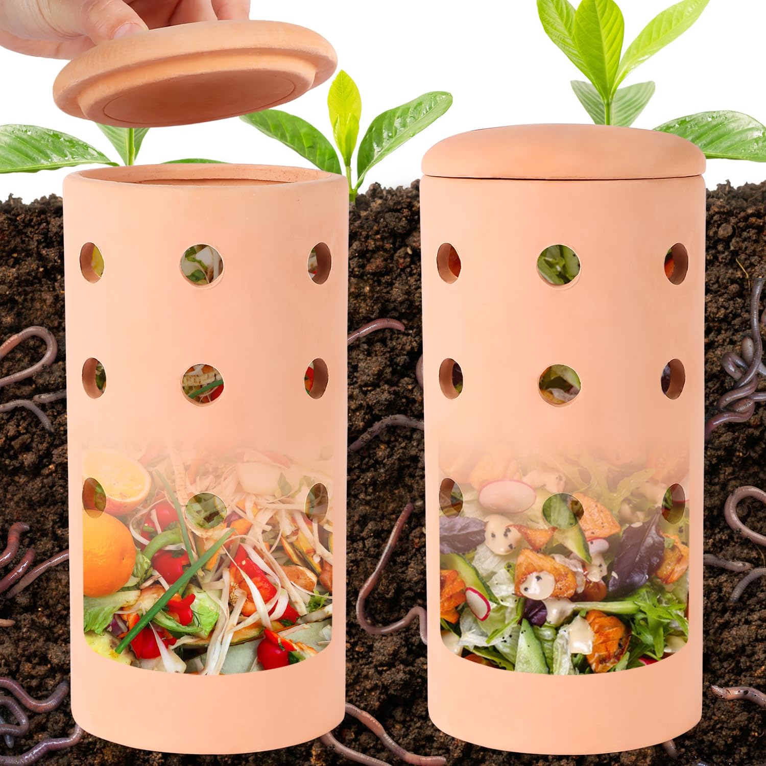 Photo 1 of 2pcs Underground Compost Bin 10 * 4.13 * 4.13Inch Garden Worm Farm Outdoor for Organic Refuse Red Pottery Ceramics Compost Bin with Holes and Lid Clay for Garden