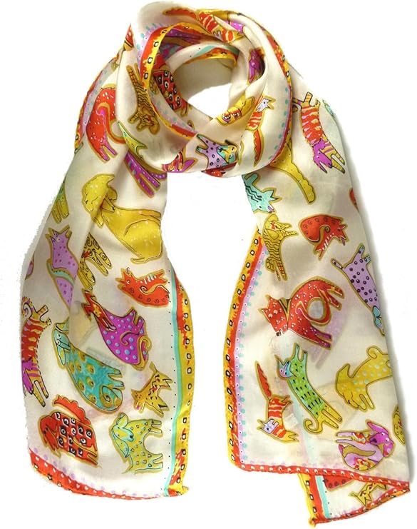 Ladies Long Silk Neck Scarf with Dog pattern 130cm x 26cm. White Amazon.co.uk Clothing