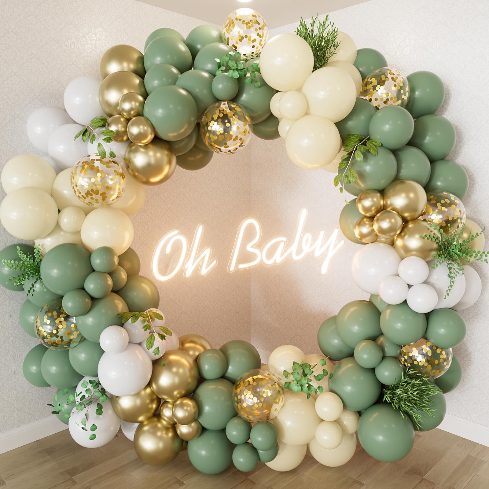 130Pcs Sage Green Gold Balloon Arch Kit,Sage Green Balloons Garland Arch Kit with Sage Green and Gold Balloon for Baby Shower,Birthday Party Decoration,Jungle Safari Party Decoration,Wedding — image 1