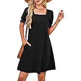 RUMIA Summer Dresses for Women 2025 Casual Cute Square Neck Puff Short Sleeve Dress with Pockets