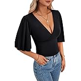 LYANER Women's V Neck Wrap Ruffle Sleeve Slim Fit Dressy Casual Blouse Shirt Tops