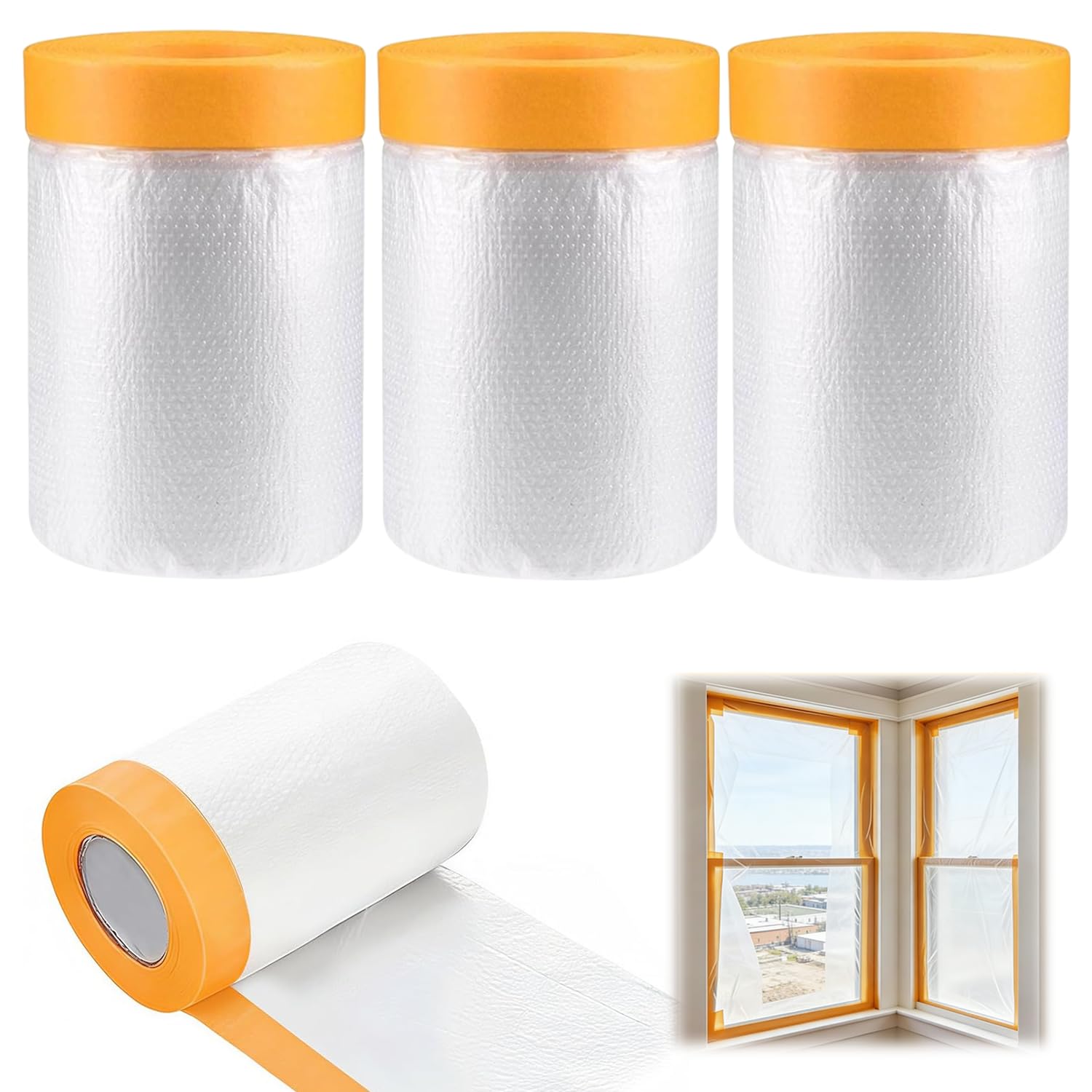 Abnaok Dust Sheet Roll, 3 Roll 55cm * 25m Spray Protective Film Plastic Dust Sheets Self Adhesive Carpet Floor Protection Film Plastic Sheets for Painting, DIY Decorating, Furniture Covering