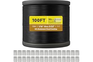 KALLSDY Vinyl Coated Wire Rope 1/16 Inch Overmolded to 3/32 Inch, 100FT 304 Stainless Steel Cable with 30 Pcs Crimping Sleeves for String Light Hanging Kit, Clotheslines, Trellis Wire