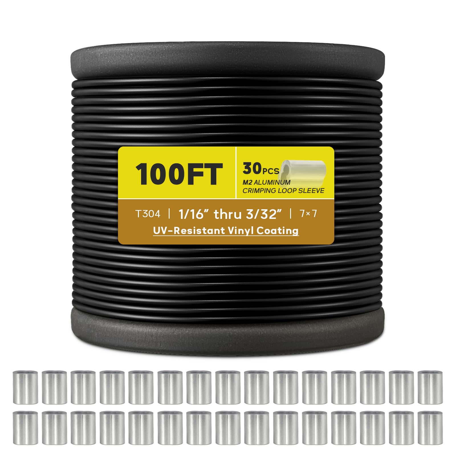 Photo 1 of KALLSDY Vinyl Coated Wire Rope 1/16 Inch Overmolded to 3/32 Inch, 100FT 304 Stainless Steel Cable with 30 Pcs Crimping Sleeves for String Light Hanging Kit, Clotheslines, Trellis Wire
