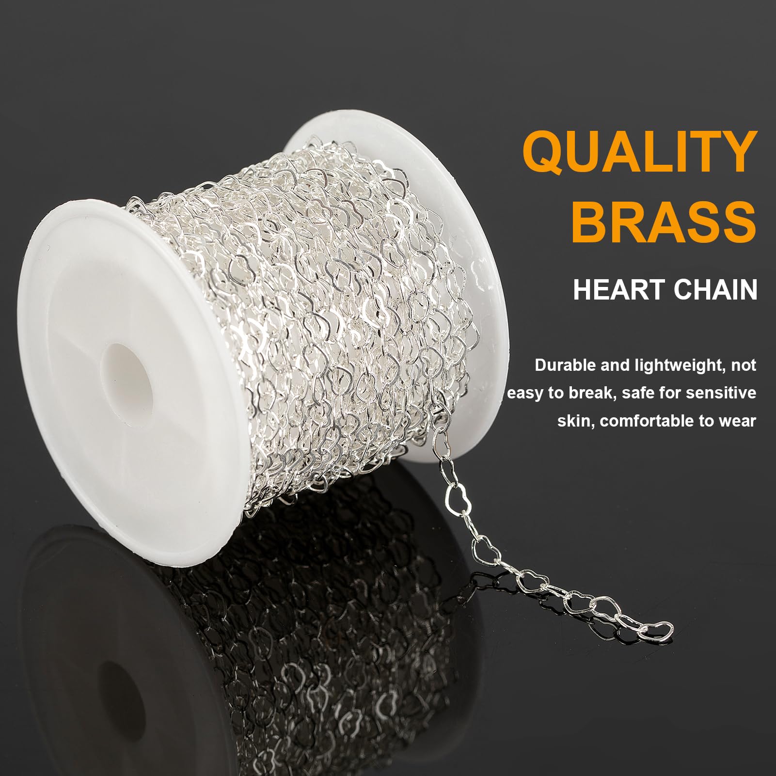 KYUNHOO 16.4 Feet/5M Silver Heart Necklace Chains for Jewelry Making Solid Copper Chain Bulk Heart Cable Link Chain Roll with Jump Rings and Lobster Clasps Jewelry Supplies Findings