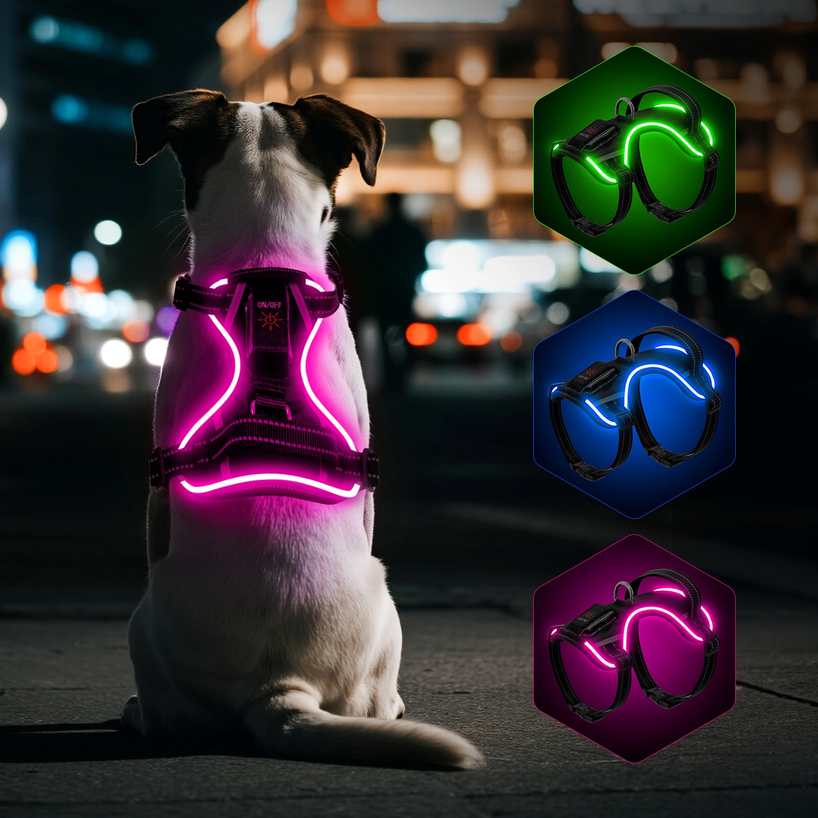 YFbrite Multicolor Light Up Dog Harness with Battery Indicator, Type-C USB Rechargeable LED Pet Harnesses with 7 Lighting Modes, Adjustable Harness for All Dogs Night Walking Safety (Multi-Color,XS)