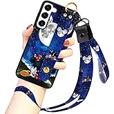 cuwana Cartoon Case for Samsung Galaxy S24, Cute Moon Blue Cartoon Character Design with Lanyard Wrist Strap Band Holder Shockproof Protection Bumper Kickstand Cover