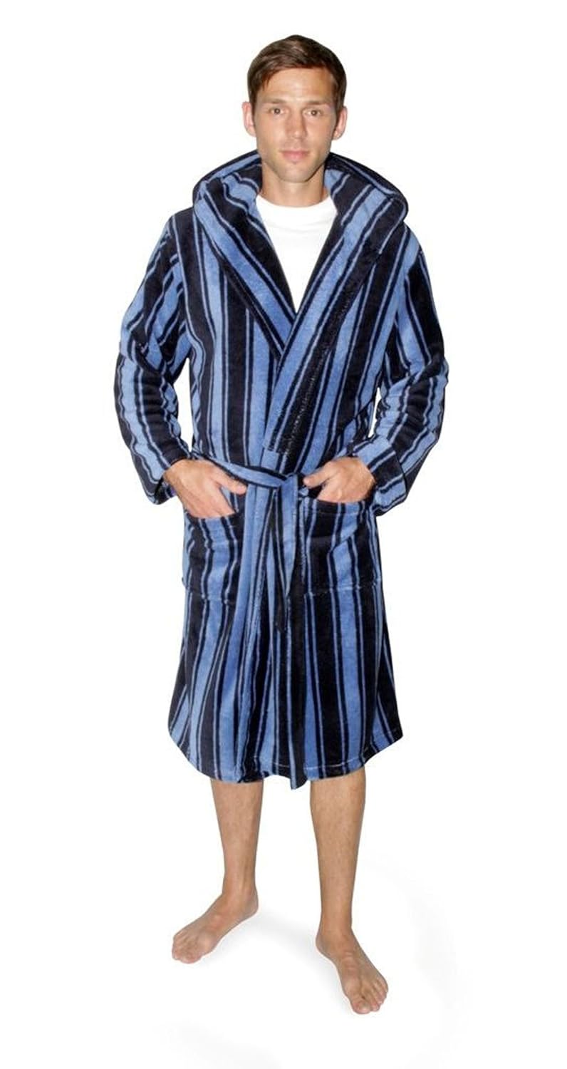 Mens Supersoft Fleece Night Gown Mens Striped Hooded Night Robe