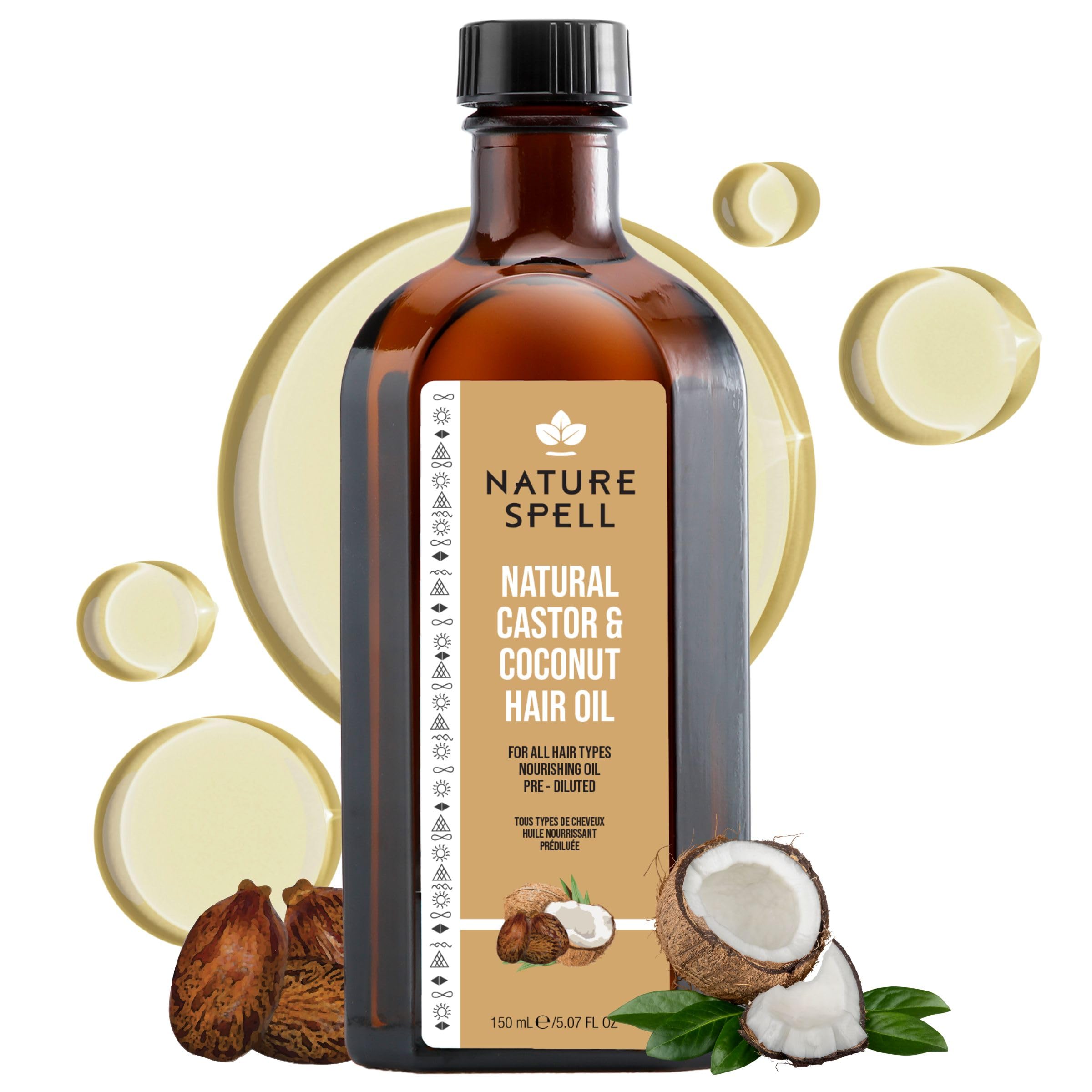 Nature Spell Castor & Coconut Oil Blend for Hair, Pre-Diluted Oil to Support Growth & Improve Strand Manageability, Adds Shine from Root to Tip, Vegan, For All Hair Types, 150ml