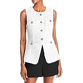 Mina Self Women's 2026 Spring Tweed Plaid Vest Tops - Warm Fully-Lined Sleeveless Trendy Work Casual Long Outerwear Pockets