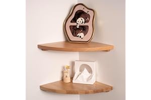 VERSAWOOD Floating Corner Shelves Oak 12", Solid Oak Wall Mounted Wooden Display Storage Rack with Wire Hole for Plants, Photos, Speakers, Bedroom, Kitchen, Living Room Décor - 2-Pack