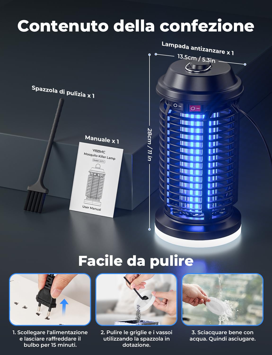 YISSVIC Elektrischer Insektenvernichter 4200V Mückenlampe 15W mit UV-Licht und LED-Beleuchtung Zwei Separate Schalter Wasserdicht IPX4 geeignet für außen und innen 28 x 13.5cm 9