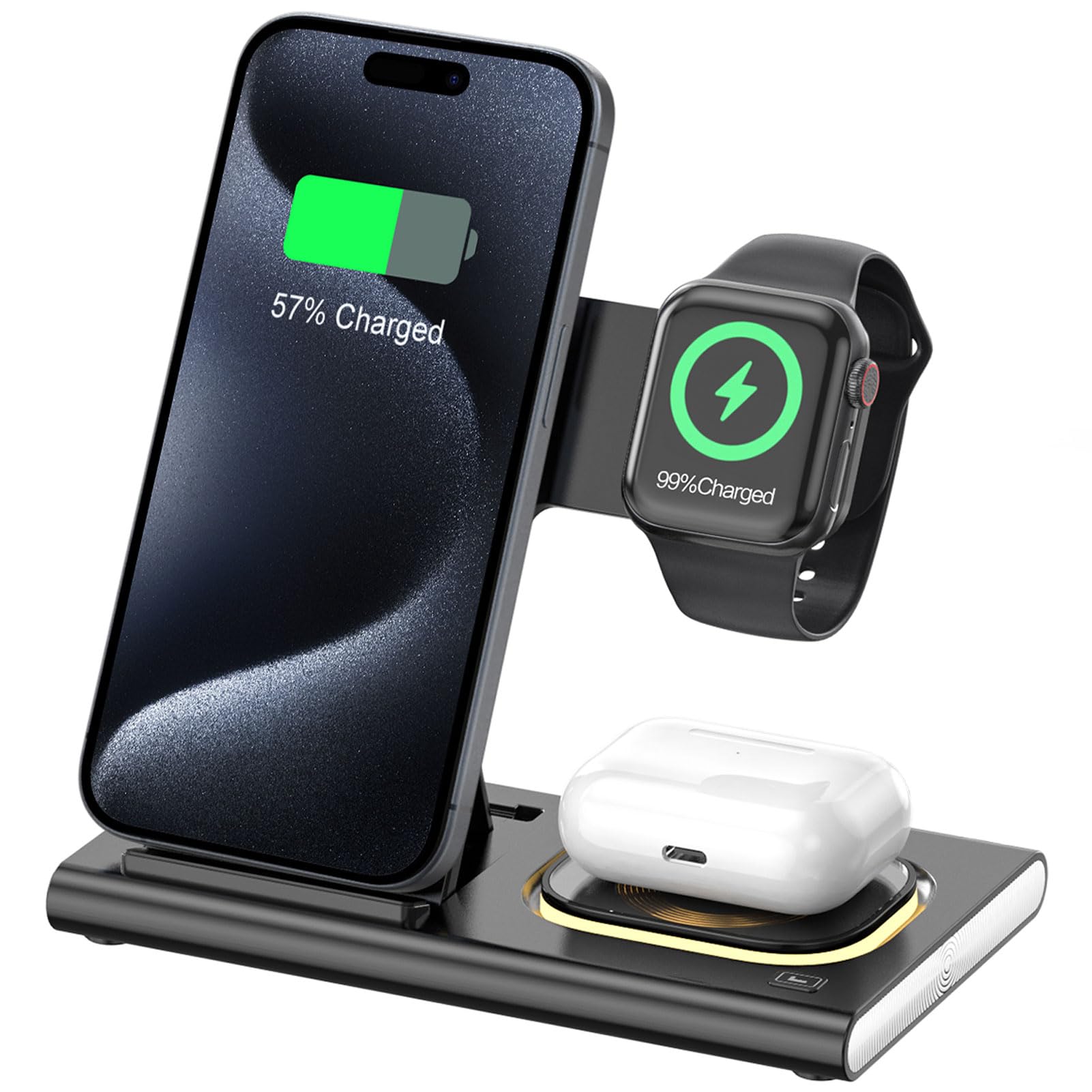 Aimtel 3 in 1 Foldable Charging Station for iPhone17/17Air/16/15/14XS/XR/X/8, Wireless Charger Stand Travel Compatible with Apple Watch Series 11/10/9/8/7/6/Ultra 2/3/SE3,for Air Pods Pro/4/3/2