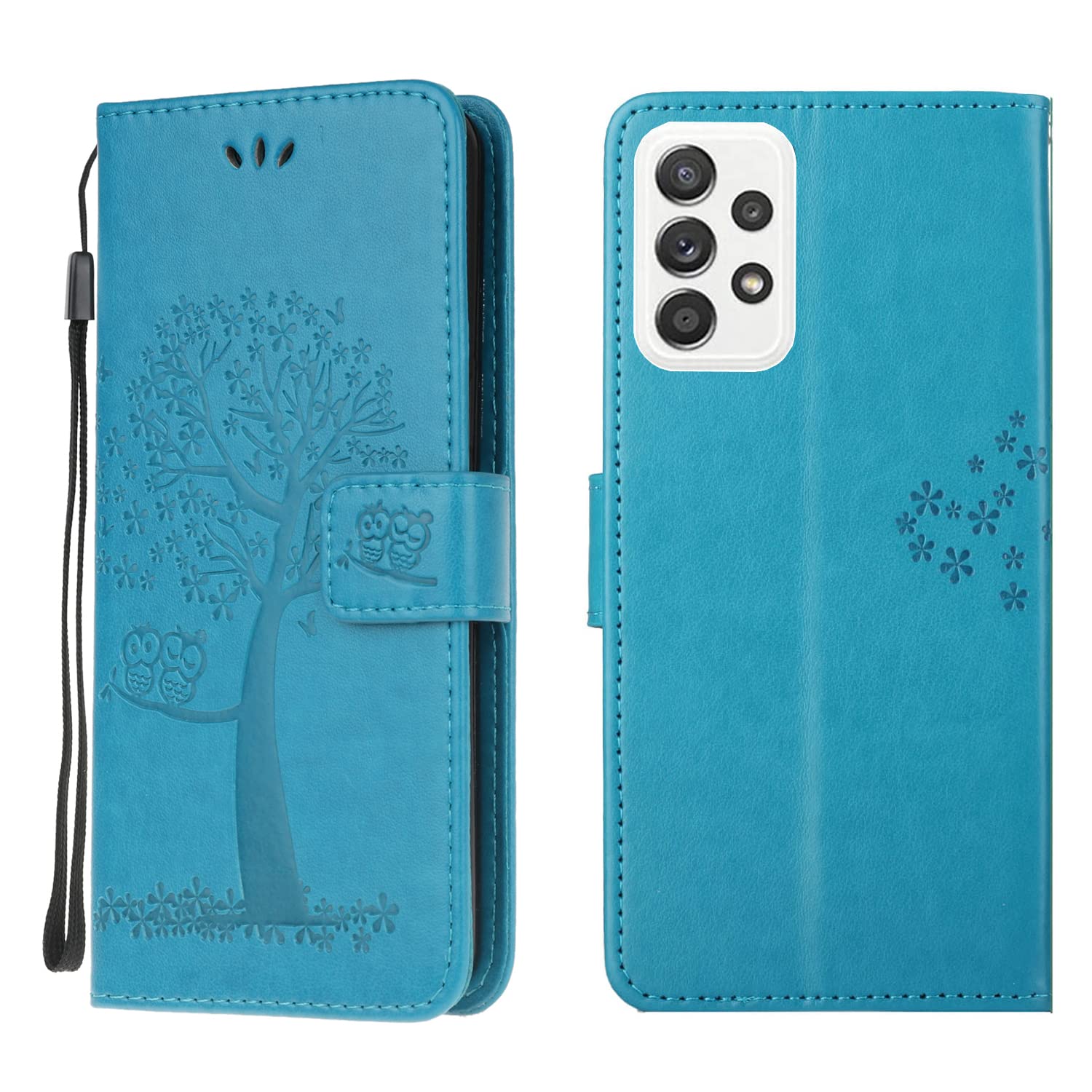Samsung Galaxy A32 Case Leather Wallet Flip Folio Magnetic Clasp Stand View Bookstyle Case for Samsung Galaxy A32 Phone Case Cover Shockproof Cute Owl & Tree Pattern, Blue