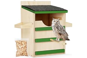 HAFTKD Owl House, Screech Wooden Owl Nesting Box, Weatherproof Design with Bird Stand, Large Opening, Mounting Screws, and Wood Shavings for Outside Backyard
