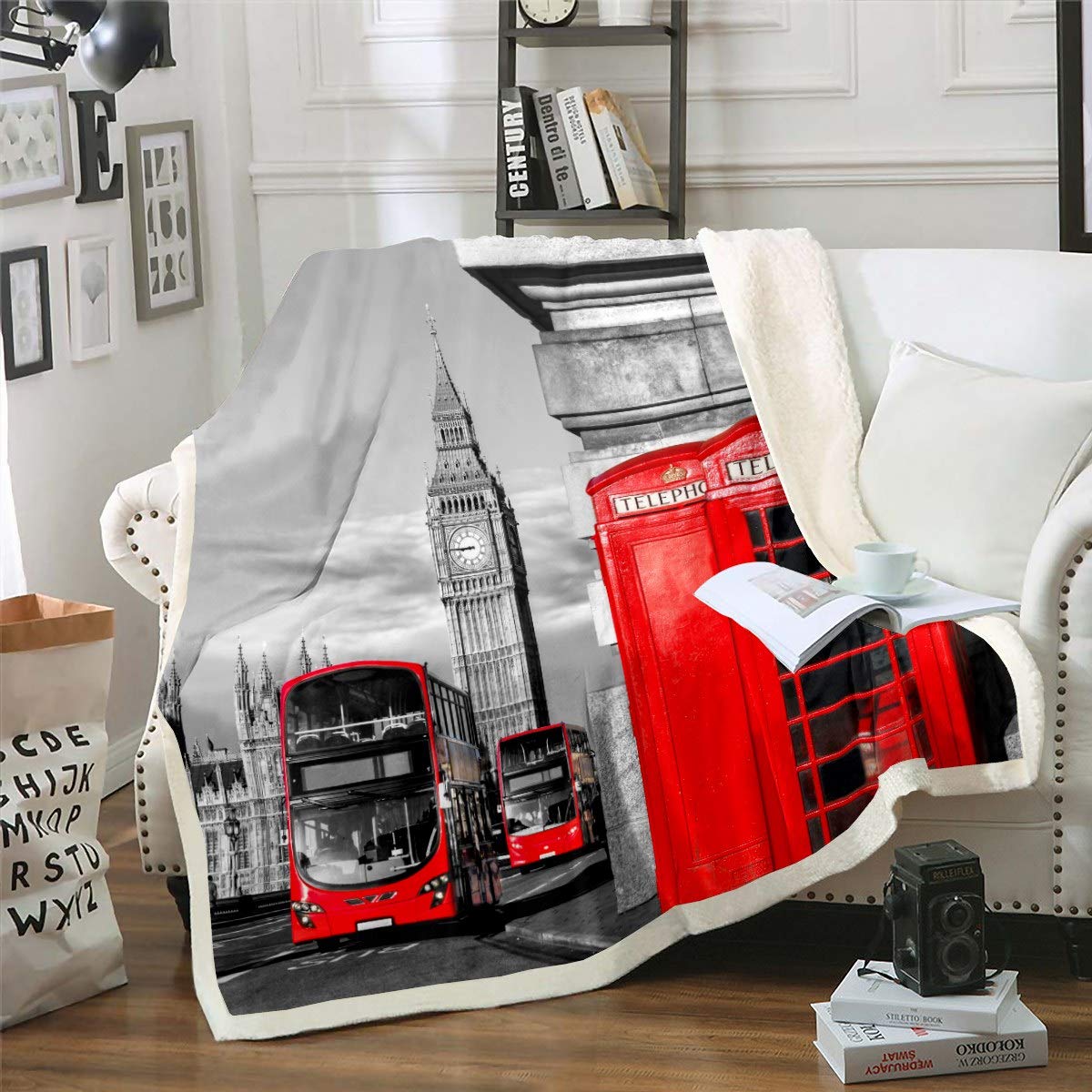 Modern Cityscape Sherpa Blanket London Themed Fleece Throw Blanket for Sofa Bed Couch Retro Telephone Booth The Big Ben Print Fuzzy Blanket Red Grey Famous European City Room Decor Single 50"x60" — image 1