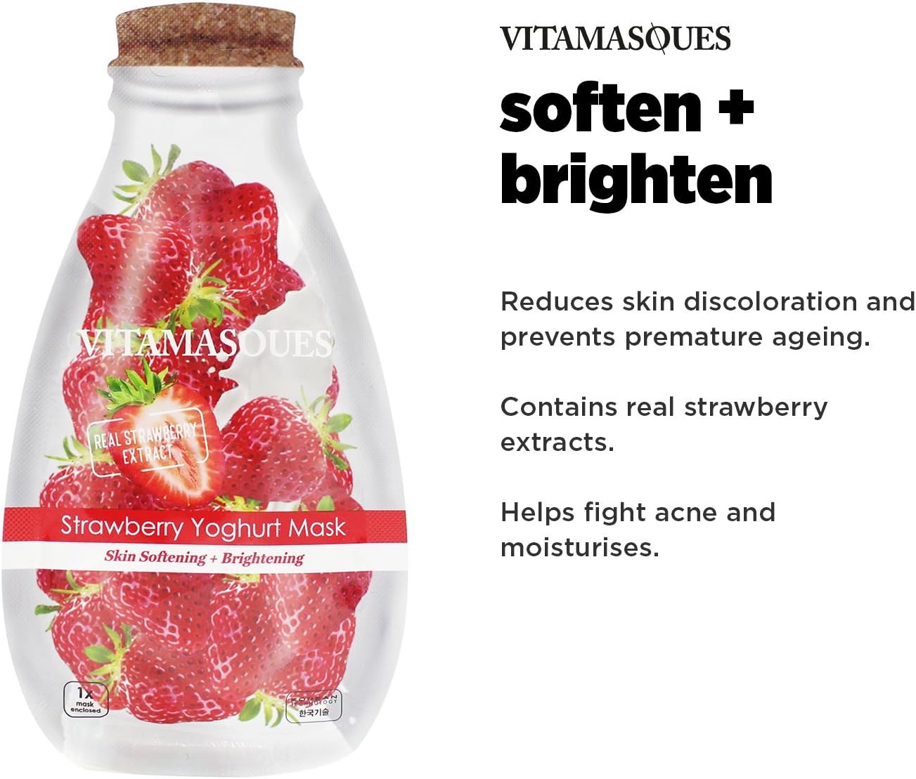 Vitamasques - Yoghurt Cream Masks, Anti Ageing, Dissolve Dead Skin & Tighten Pores, (Strawberry Yoghurt, 1 Mask)
