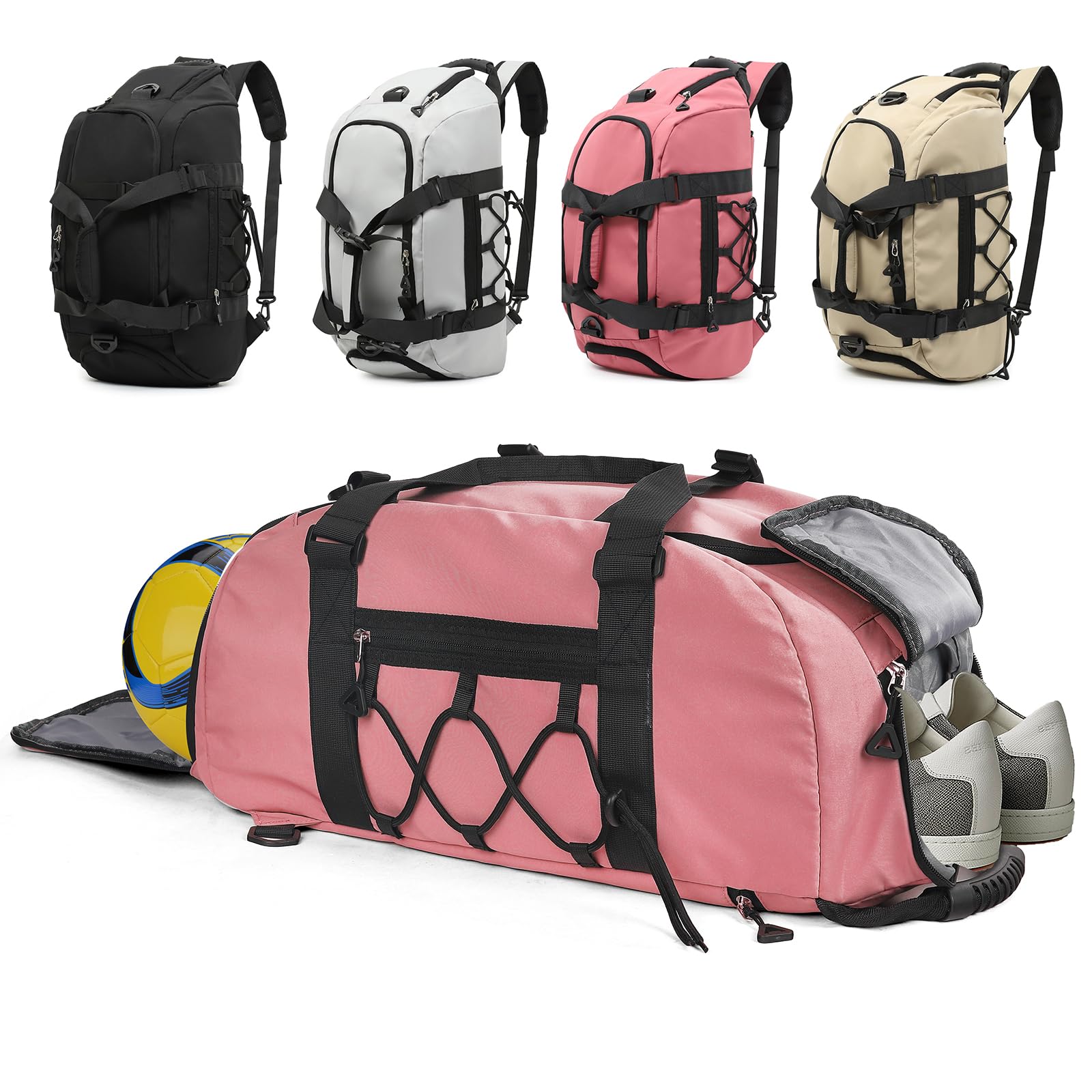 Outplea 30L Gym Duffle Bag for Men Women, Gym Backpack with Shoes Compartment & Wet Pocket, Waterproof Sports Holdall, Pink