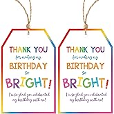 Birthday Gift Tags with String - Thank You Gift Tags 50 PCS Personalized Birthday Thank You Tag for Party Favors, Gift Wrapping, Bags, Birthday Decorations (Bright)