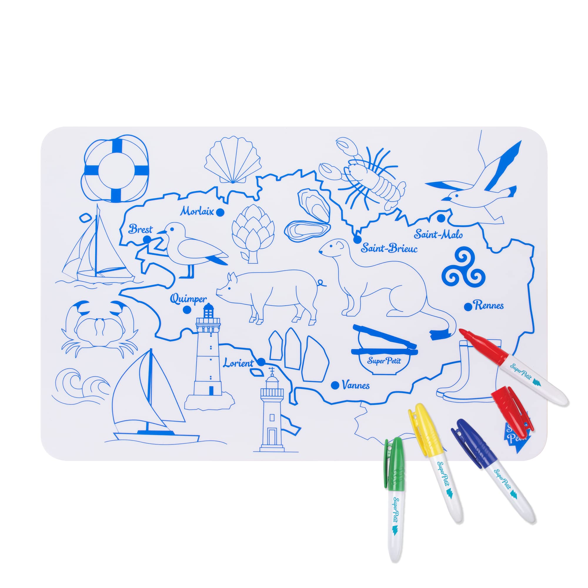 SUPER PETIT - Educational Game – La Brittany Colouring- Reversible – Comes with 4 erasable Felt pens in Different Colours – Easy to Clean – Reusable – Antibacterial – Suitable for Ages 3 Years and
