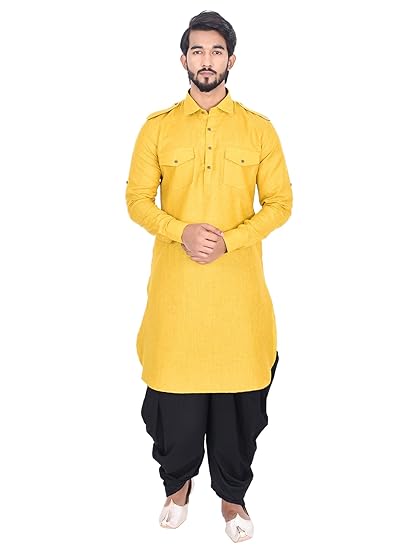 Men's Yellow Full Sleeve Regular Fit Casual Collar Textured Pathani Kurta